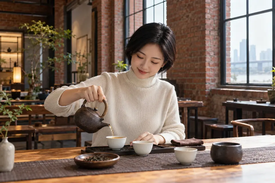 红砖改造空间中的茶席与陶壶倒茶