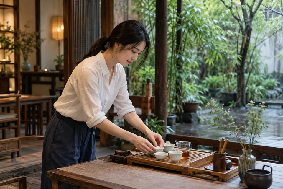 庭院茶席布置，盖碗与竹制茶具